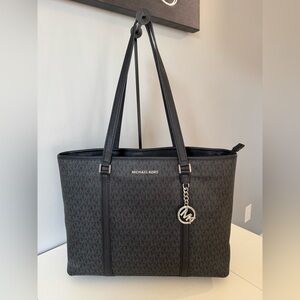 Michael Kors Large Signature Print Laptop Tote w/ Silver Logo Charm